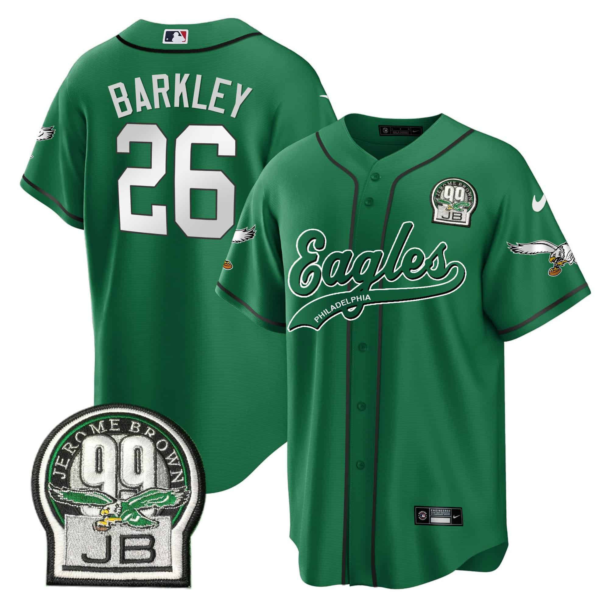 Men Philadelphia Eagles #26 Barkley Green 2024 Nike Jerome Brown Retired Patch Baseball NFL Jersey